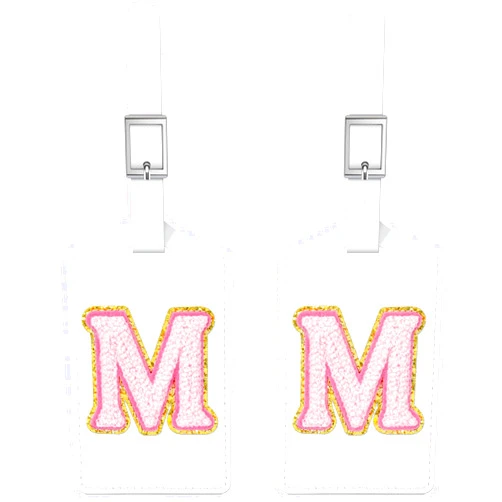 Sodsay 2 PCS Initial Luggage Tag, Luggage Tags for Suitcases Cute Embroidered Letter PU Leather Travel Bag Baggage Tags Privacy Cover ID Label for Women Kids Teens Men(M, White Leather+Pink Letter)
