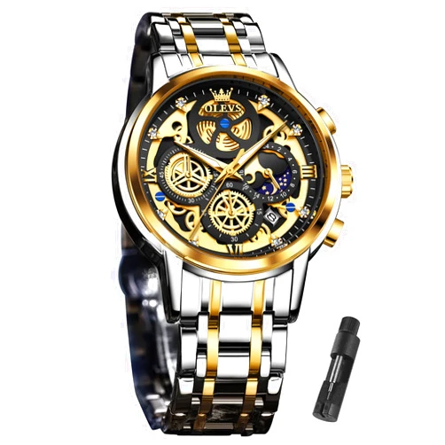 OLEVS Skeleton Watch for Men Stainless Steel Chronograph Watch for Men Classic Waterproof Mens Watches with Date Luxury Business Men's Analog Wrist Watches, relojes para Hombres Blue/Black/Gold/White