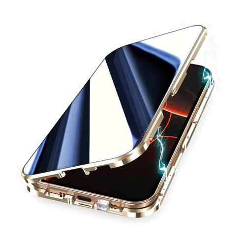 SENLAN Anti-Peeping Case for iPhone 16 Pro Max, Magnetic Double-Sided Glass Aluminum Alloy Bumper Lock + Magnet Adsorption Built-in Camera Lens Protector，Gold