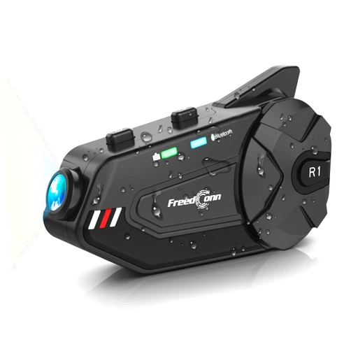 FreedConn Motorcycle Helmet Headset with Camera R1plus Bluetooth Intercom 1000M 6 Riders Waterproof Wireless FM Radio Communication Systems for Most Helmets