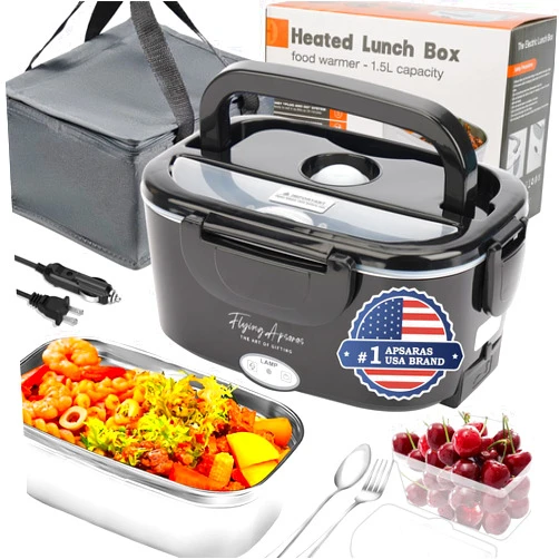 FLYING APSARAS Electric Lunch Box Food Heater -3in1 Portable Leakproof Heated Lunch Box for Car/Home/Adults with 1.5L Removable 304SS Container, 60-80W, 12V/24V/110V With SS Fork Spoon and Insulated Carry Bag