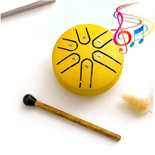 Louthon Buddha Stones Mini Steel Tongue Drum 3 Inch Sound Healing Drum Kit,Mini Handpan Drum, 6 Note Worry Free Drum (Yellow)