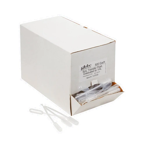 Globe Scientific Transfer Pipet, 137030-500, 5.0mL Capacity, Large Bulb, Non-Sterile, Graduated to 1mL, 145mm Length, Bulb Draw - 3.4mL, 500/Box