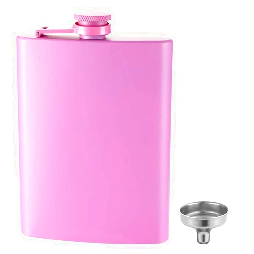 FYL Hip Flask for Liquor Matte Pink 8 Oz 18/8 Stainless Steel Leakproof with Funnel, Never-Lose Cap Flask