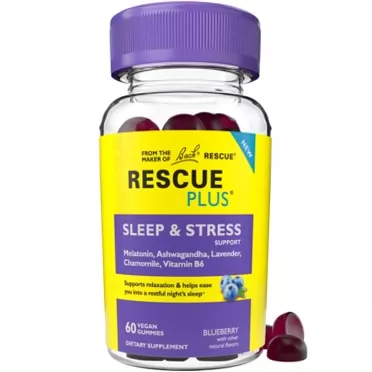 RESCUE Bach RESCUE PLUS Sleep & Stress Support Gummies, Nighttime Dietary Supplement with 1mg Melatonin, Ashwagandha, Chamomile, Lavender & Vitamin B6, Natural Blueberry Flavor, Vegan & Gluten-Free, 60 Count Sleep and Stress Gummies (NEW)