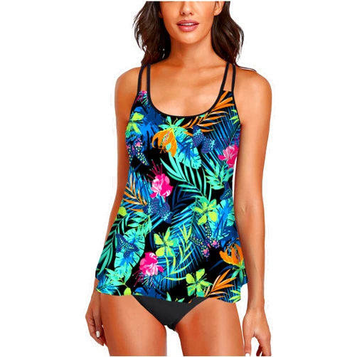 Omichic Modest Tankini Sets for Women's Swimsuits 2 Piece Athletic Bathing Suits Flowy Tank Top with Mid-Waist Bikini Bottom