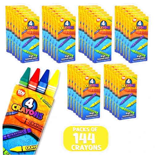 Bottles N Bags Crayons Bulk Pack Case Of 144 4-Packs, Premium Color Crayons for Kids and Toddlers, Non-Toxic, for Party Favors, Restaurants, Goody Bags, 576 Crayons! (144 Crayon Packs Only)