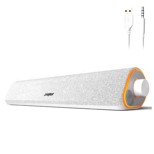 SOULION R50 Bluetooth Computer Speakers for Desktop PC Monitor White,Wired USB Powered 3.5mm Aux PC Speakers Sound Bar,4 Modes LED Lights with Switch Button,Surround Sound Soundbar for Computer