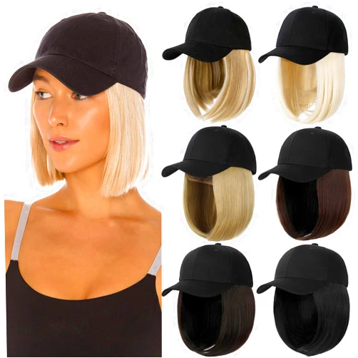 Qlenkay Baseball Cap with Hair Extensions Straight Short Bob Hairstyle Adjustable Removable Wig Hat 14inch for Woman Girl Dark Brown