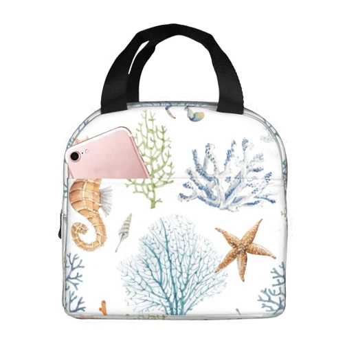 Raunew Lunch Box Lunch Bag for Women Men, Watercolor Seahorse Starfish Corals Marine Insulated Lunch Tote Bags Large Capacity Lunchbox for Work Picnic Travel Office