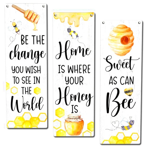 Zmyollo Bee Wall Decor Sign, 3 Pieces Be The Change You Wish To See In The World Wooden Sign With Rope, Honey Bee Wall Art Decor For Farmhouse Home Office Living Room, Artwork Gifts For Family Friend- 45