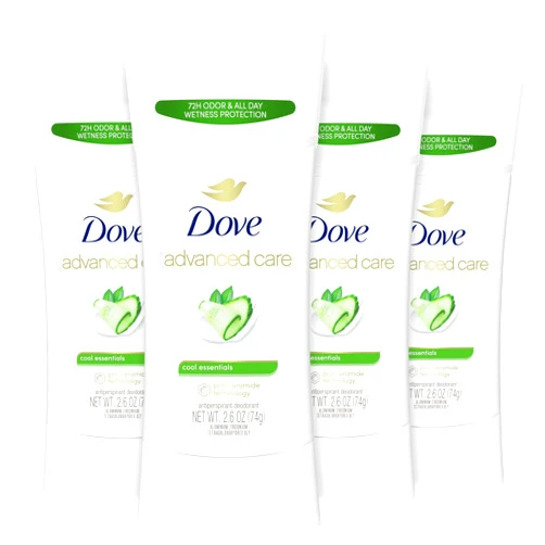 Dove Advanced Care Antiperspirant Deodorant Stick Cool Essentials 4 ct for helping your skin barrier repair after shaving 72 hour odor control and sweat protection with Pro Ceramide Technology 2.6 oz