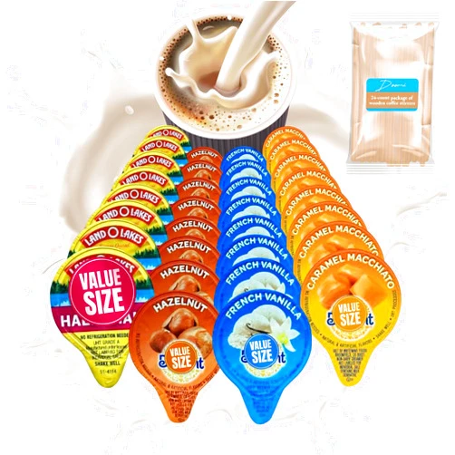 Doomi Coffee Creamer Liquid Singles International Delight Caramel Macchiato, French Vanilla, Hazelnut and Land O'Lakes Mini Moo's Half and Half Creamer Variety Pack Plus Doomi Wooden Stirrers (72 Pack), 4 Flavor Assortment Coffee Creamer Singles for Home, Office, Coffee, Bar, Gift