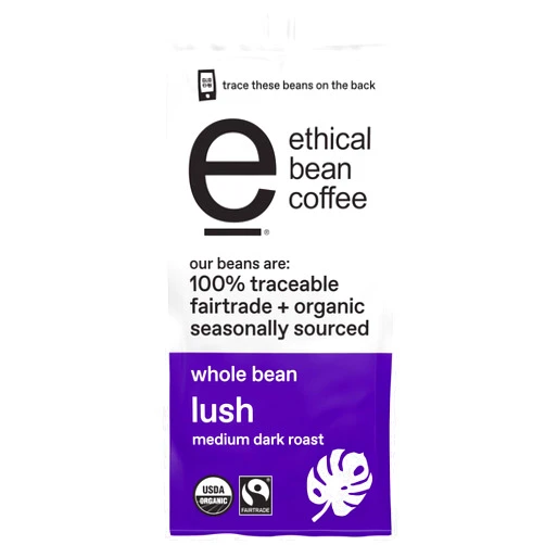 Ethical Bean Fairtrade Organic Coffee, Lush Medium Dark Roast, Whole Bean Coffee (12 Oz Bag), Lush Medium Dark Roast, 0.75 Lb