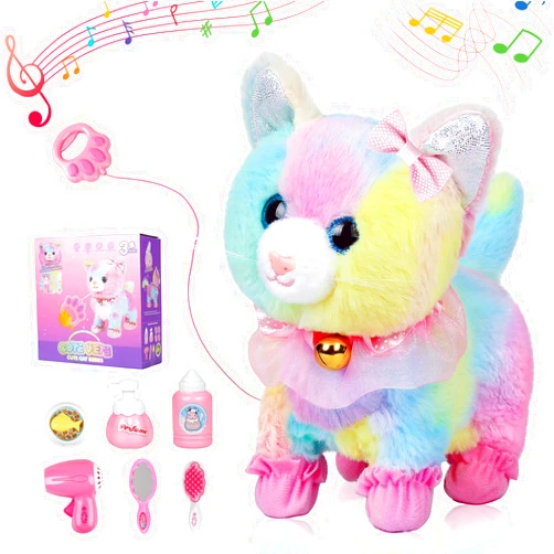 UMIKOOL DIRECT Plush Interactive Toy Cat for Kids, with Leash Walking, Meowing, Touch Control, and Wags Tail Plush Toy Kitty Electronic Cat Pet, Best Gift for Girl Kid (Colorful)
