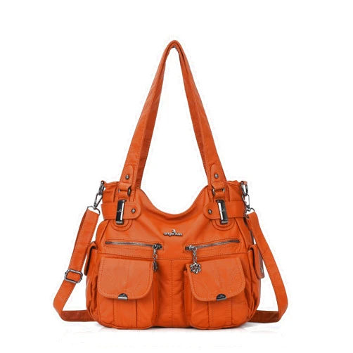 Angel Kiss Women's Designer Handbag Large Double Zipper Multi Pocket Washed Leather Purse