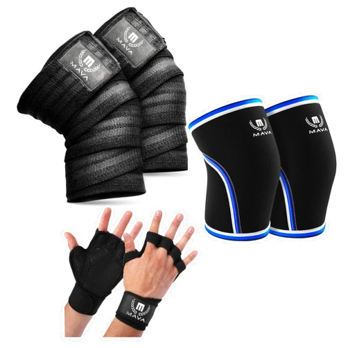 Mava Sports Knee Wraps for Cross Training with Elastic Support + Knee Compression Sleeves + Ventilated Workout Gloves with Integrated Wrist Wraps and Full Palm Silicone Padding for Men & Women