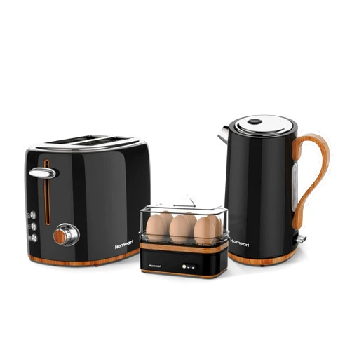 Homeart Panda Collection - Cordless Electric Kettle with Wood Detail, 2-Slice Toaster with Adjustable Browning Control and Egg Boiler with 6 Egg Capacity - Black