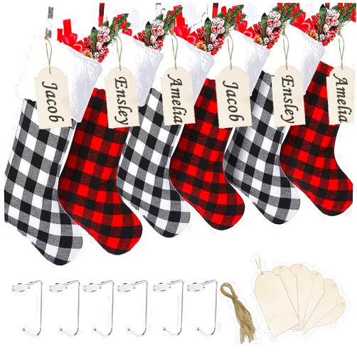Fegwave Christmas Stockings Set of 6 Pack, Buffalo Plaid Christmas Stockings Decorations, 19 Inch Black White Red Plaid Christmas Stockings, Farmhouse Family Christmas Decor, Xmas Stockings 6