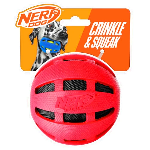 Nerf Dog Checker Ball Dog Toy with Interactive Crunch, Lightweight, Durable and Water Resistant, 3.8 Inches for Small/Medium/Large Breeds, Single Unit, Red