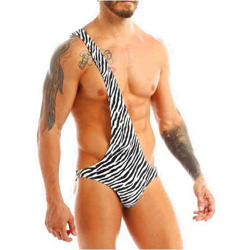 ACSUSS Men's Zebra Striped Jockstrap Leotard Underwear Jumpsuits Wrestling Singlet Bodysuit