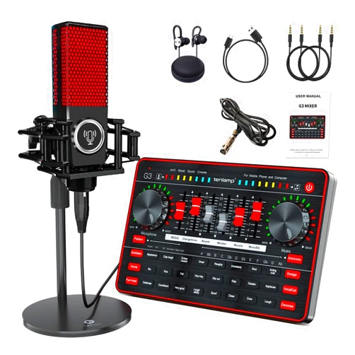 Tenlamp Podcast Microphone Bundle, G3 Sound Card Mixer Kit, Sound Board with Voice Changer & L3 Condenser Microphone, Podcast Equipment for Phone/PC Live Streaming, Podcast, Recording