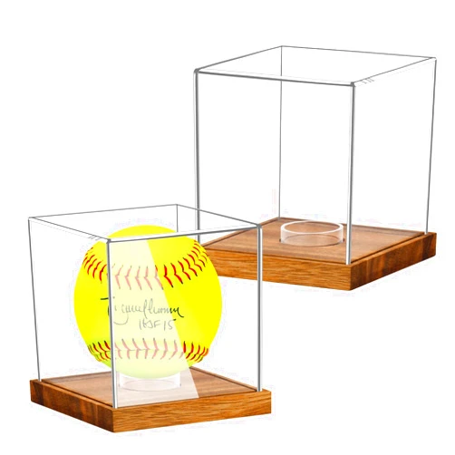 Hooqict 2Pcs Softball Display Case Clear Acrylic Ball Holder with Wood Base Stand UV Protected Cube Championship Softball Box Memorabilia Sports Ball Golf Ball Tennis Ball Baseball Display Case