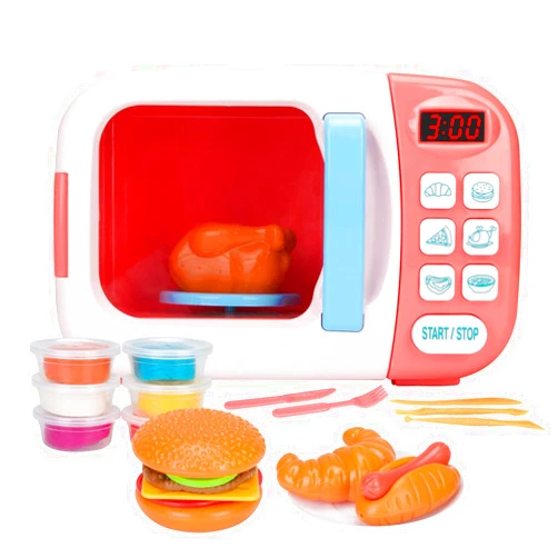 BoterLun Microwave Toys Kitchen Play Set with Light Sound,Kids Pretend Play Electronic Oven with Play Food and 6 Color DIY Play-Dough for Children Ages 3+ Years (Pink)