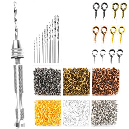 Shynek Pin Vise Hand Drill Set, Manual Hand Drill with 600PCS Small Screw Eye Hooks and 10 Different Sizes Drill Bits for Keychain, Jewelry Making and Crafts