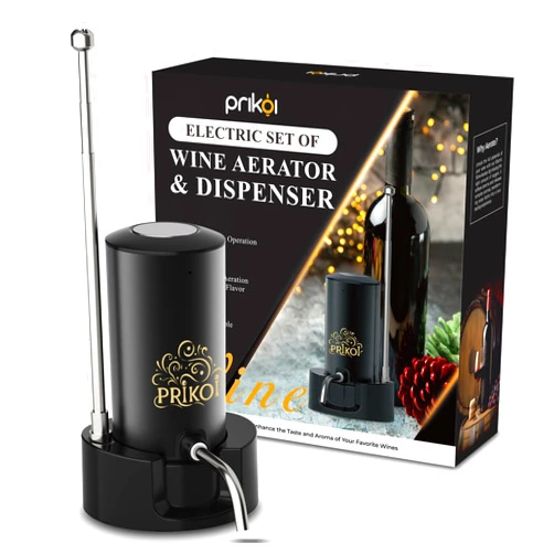 Prikoi Electric Wine Aerator & Dispenser, Rechargeable Wine Decanter with Storage Base & Retractable Tube, for Holiday Home Party Wine Lovers (WD-0103)