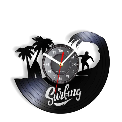 OTKU 12 Inch Vinyl Record Clock Surfing Wall Clock Made of Laser Cut Longplay Surfboard Coconut Palm Summer Sea Sports Wall Watch Modern Art Decor for Vintage Room Decoration