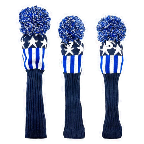 GOOACTION 3PCS Knitted Golf Head Covers 1-3-5 for Driver and Fairway Woods with Long Neck Design Vintage Blue Stars and Stripes Sock Pom Pom Golf Club Patriotic Headcovers Set