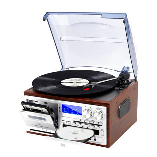 MUSITREND Record Player 9 in 1 3 Speed Bluetooth Vintage Turntable CD Cassette Vinyl Player AM/FM Radio USB/SD Playback Aux-in RCA Line-Out (Silver)