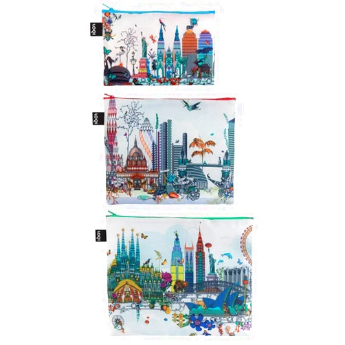 LOQI Artist Kristjana S Williams Interiors, Set of 3 Zip Pockets, World Skyline