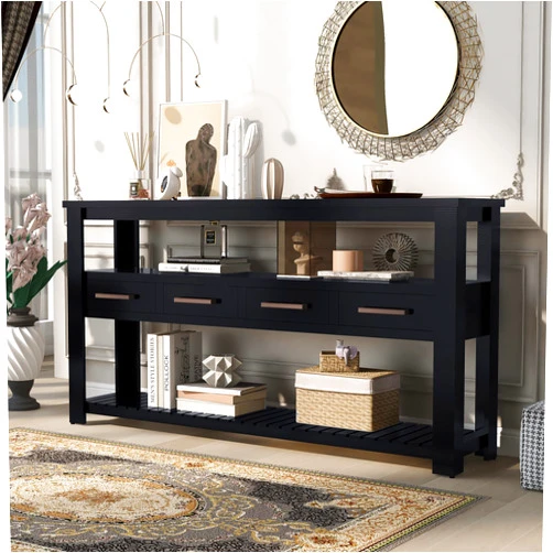 LXBB 62.2'' Modern Console Table with 4 Storage Drawers and Metal Handle,Wood Sofa Table with 2 Display Shelves for Entryway Living Room Bedroom Hallway Entryway (Black-05)