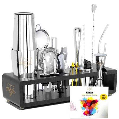 Prodigy Mix Elite Mixology Bartender Kit 20-Piece Boston Cocktail Shaker Set for Mixing with Stand- Indestructible Bar Accessories Bartending Kit, Cocktail Bar Set, Bartender Set, Bonus Recipe Cards Bar Tools