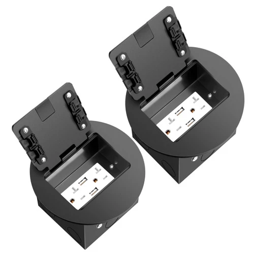 Vagueior Recessed Floor Electrical Outlet Kit, Circular Hidden 4.8A USB,20 Amp Tamper-Resistant Receptacle Outlet ，Waterproof Electrical Outlet Covcer Box, ETL Certified,Black（2 Pack