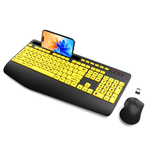 SABLUTE Wireless Keyboard and Mouse, Wrist Rest, Large Print, Phone Holder, 2.4G Ergonomic Keyboards Mouse Combo, Silent Cordless High Contrast Set for Low Vision and The Elderly, Battery Powered