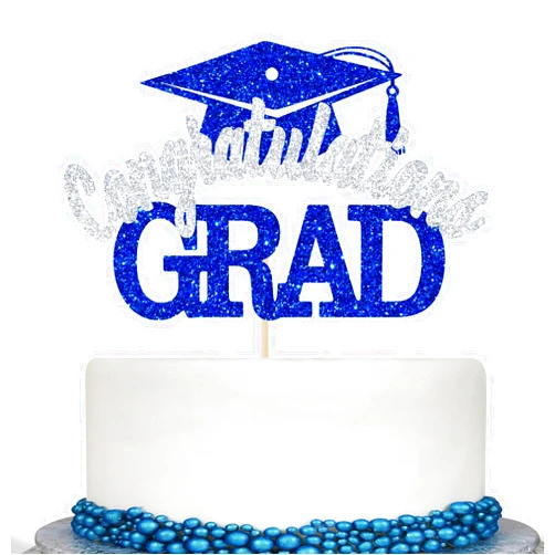 Calarjeta Congratulations Grad Cake Topper, Congrats Grad Cake Decorations, Class of 2024 Party Decor, High School/College/University Graduation Party Decorations (Blue and Silver)