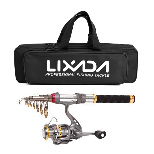 Lixada Fishing Pole Combo Set Telescopic Fishing Rod and Reel Combos Kit Fiber Fishing Pole Spinning Reels Fishing with Carrier Bag
