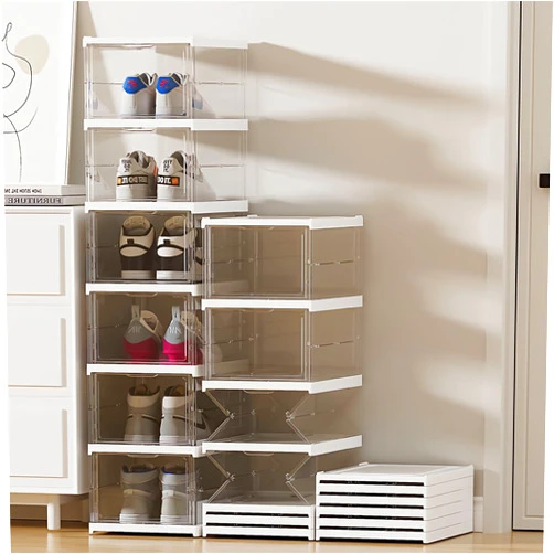 FUYUN Plastic Shoe Organizer - Stackable and Foldable 6-Tier Shoe Boxes for Closet, Clear and Space-Saving Sneaker Containers, No Assembly Required