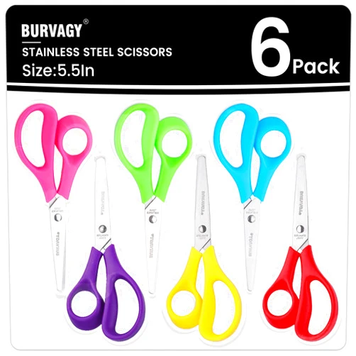 BURVAGY Kids Scissors 6-Pack, Scissors for School, Safety Scissors, Blunt Tip Scissors, 5.5 Inch