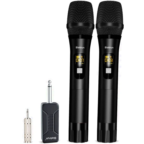 Bietrun Wireless Microphone, Bietrun UHF Metal Dual Handheld Cordless Dynamic Mic System with Rechargeable Receiver, 1/4‘’Output, for Karaoke, Church, Speech, Wedding, Party Singing(160 ft Range)-Auto Connect