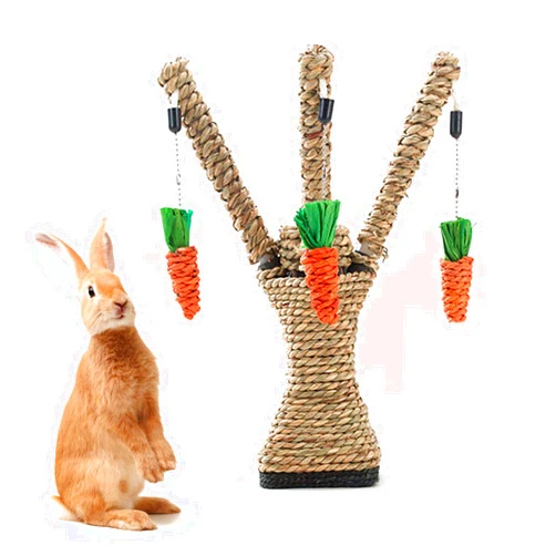 Hamiledyi Pet Rabbit Toy Tree Bunny Fun Chew Toy Rattan Grass Scratcher Climbing Tree Play Carrot Toy for Small Animal