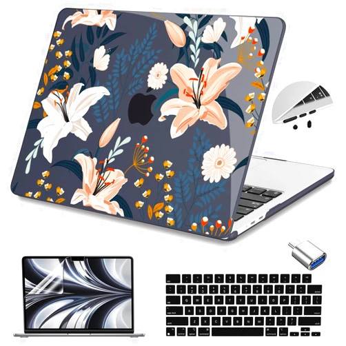 Teryeefi Compatible for 2022-2024 MacBook Air 13.6 inch Case M3 A3113/ M2 A2681, Flowers Hard Shell Case&Keyboard Cover&Type C Adapter for MacBook Air M3 M2 with Touch ID, W-Lily Flower