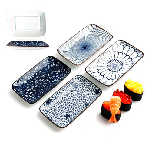 YIK TUNG 4 Piece Sushi Plate Set,3.6-inch Ceramic Rectanglar Dinner Plates for 2,Multi-Use Small Serving Plates for Sushi, Fruit, Charcuterie & Party Entertaining