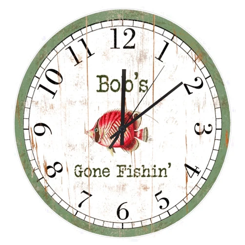WengBeauty Gone Fishin' with Wood Textures Clock Retro Fish Cutom Name Round Wall Clock 10 Inch Non-Ticking Quartz Battery Operated Wall Clocks Country Rustic Clock for Kitchen Bathroom Bedroom Home