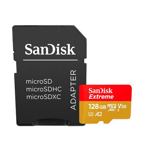 SanDisk 128GB Extreme microSDXC UHS-I Memory Card with Adapter - Up to 160MB/s, C10, U3, V30, 4K, A2, Micro SD - SDSQXA1-128G-GN6MA