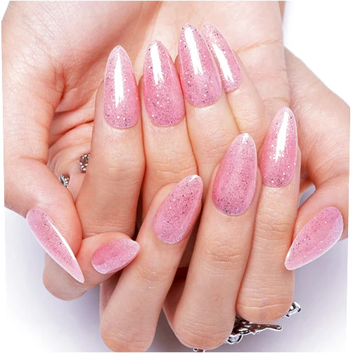 GLAMERMAID Press on Nails Medium Almond, Handmade Glitter Light Pink Nail Polish Glue on Nails, 24Pcs Short Stiletto Acrylic False Nails Kit Reusable UV Finish Full Cover Stick on Nails for Women Gift