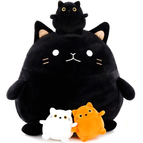 BENINY Cat Plush Toy 4Pcs - 18'' Giant Black Cat Mommy with 3 Cute Baby Kittens - Kawaii Fat Cats Stuffed Animal - Squishy Cat Plushies Pillow Gift for Boys and Girls